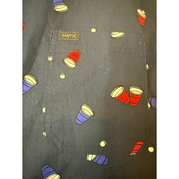 Matix Casual Button Down Short Sleeve Shirt Navy Blue Beer Pong Pattern Large - Picture 2 of 7